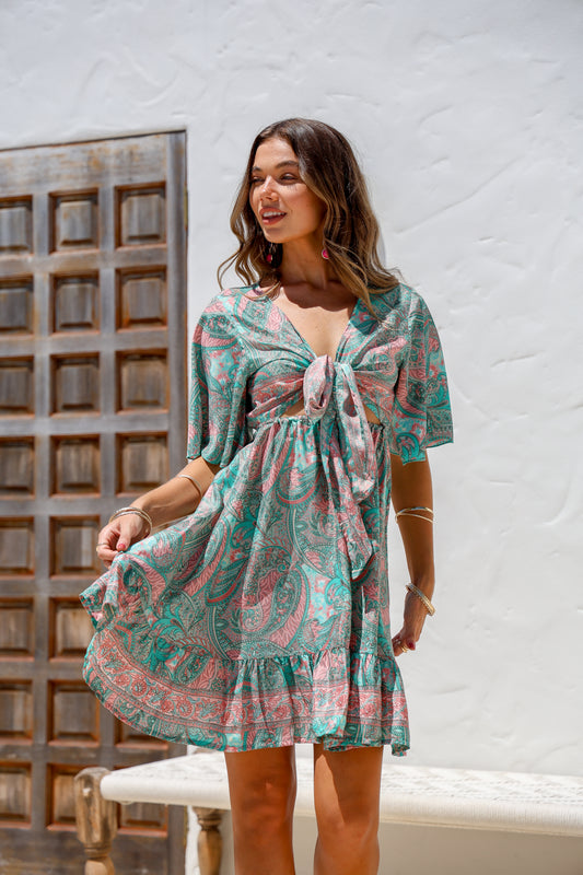 Simone Tie Dress (Green/Pink)